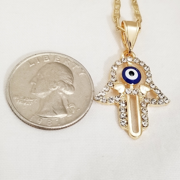Hamsa Hand with blue Evil Eye Women's Necklace. 14K Gold Plated. New - Picture 5 of 5